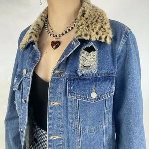 Distressed Denim Jacket With Fur Trim